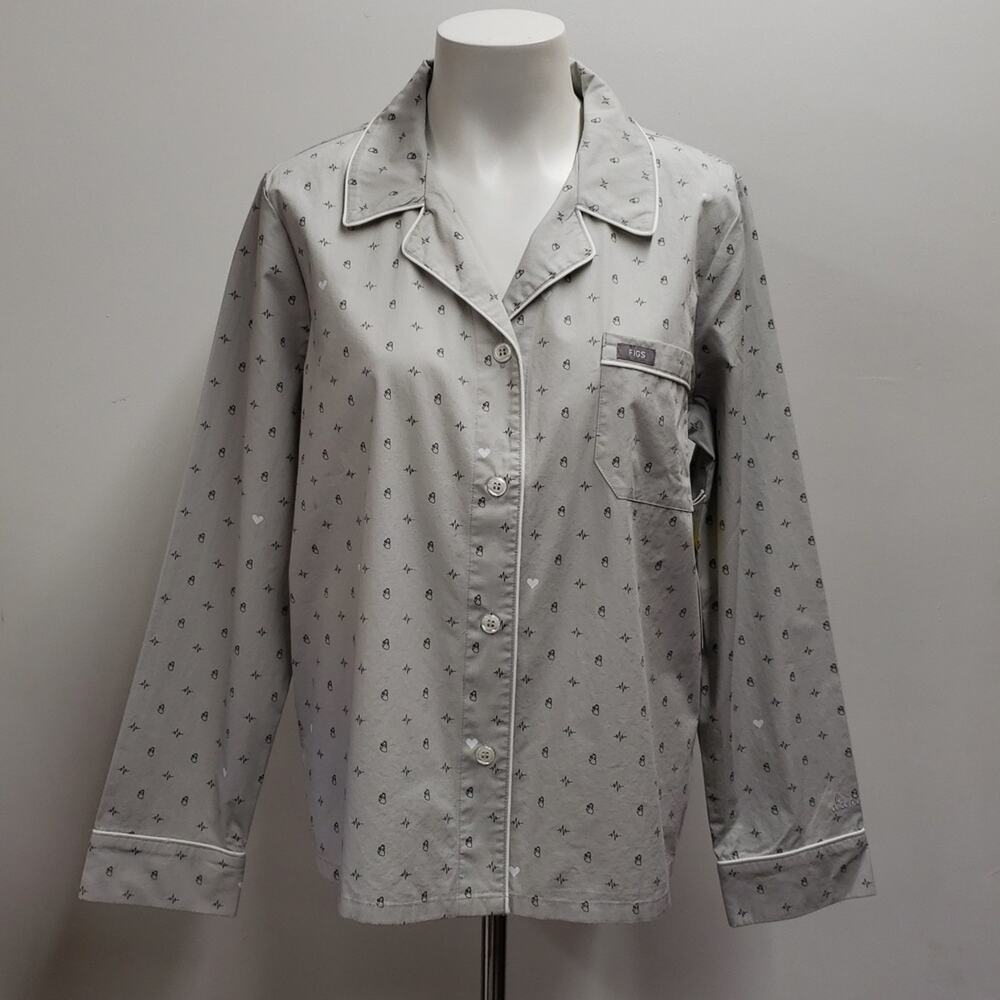 Figs Women's Gray Heart EKG Print Pajama Top Size Medium Loungewear